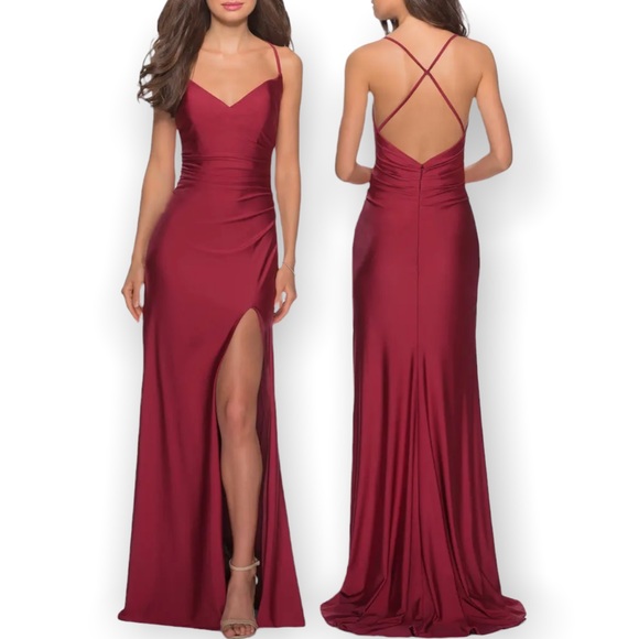 La Femme Dresses & Skirts - LA FEMME Cross Back Satin Jersey Trumpet Gown 28206 Burgundy 2 NWT
